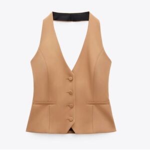 ZARA CAMEL HALTER NECK FULLY LINED FITTED WAISTCOAT VEST